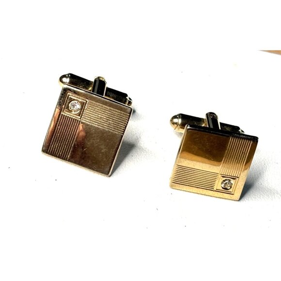 Vintage Gold-Tone Square Cufflinks With Clear Crystal Accents Mens Jewelry - Picture 1 of 7
